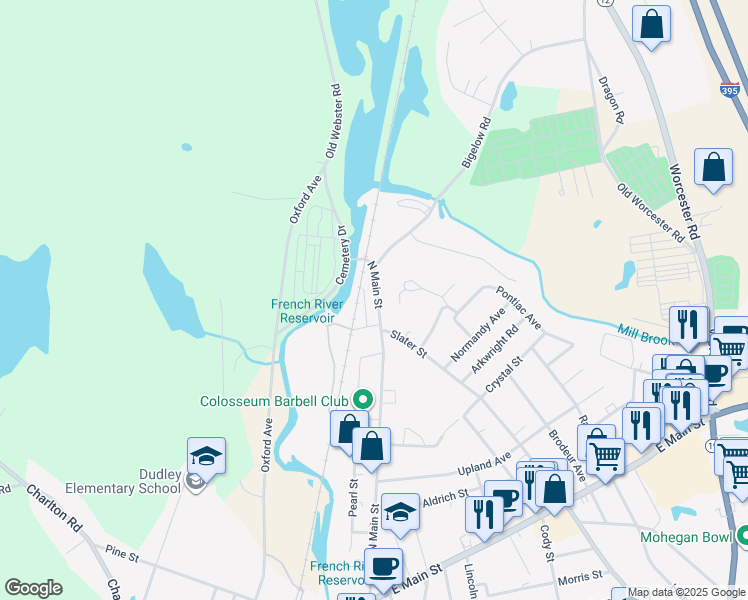map of restaurants, bars, coffee shops, grocery stores, and more near 249 North Main Street in Webster