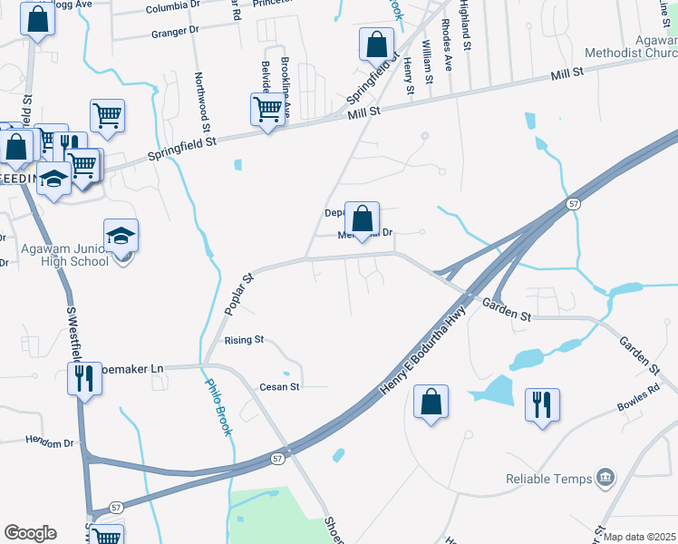 map of restaurants, bars, coffee shops, grocery stores, and more near 59 Garden Street in Agawam
