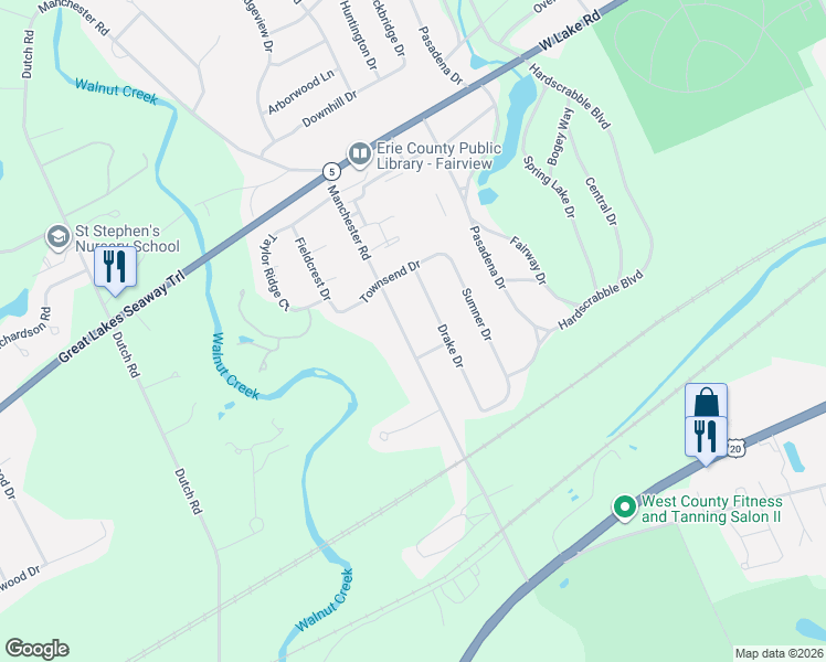 map of restaurants, bars, coffee shops, grocery stores, and more near 1409-1411 Drake Dr in Erie