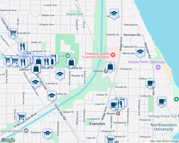 map of restaurants, bars, coffee shops, grocery stores, and more near 1201 Central Street in Evanston