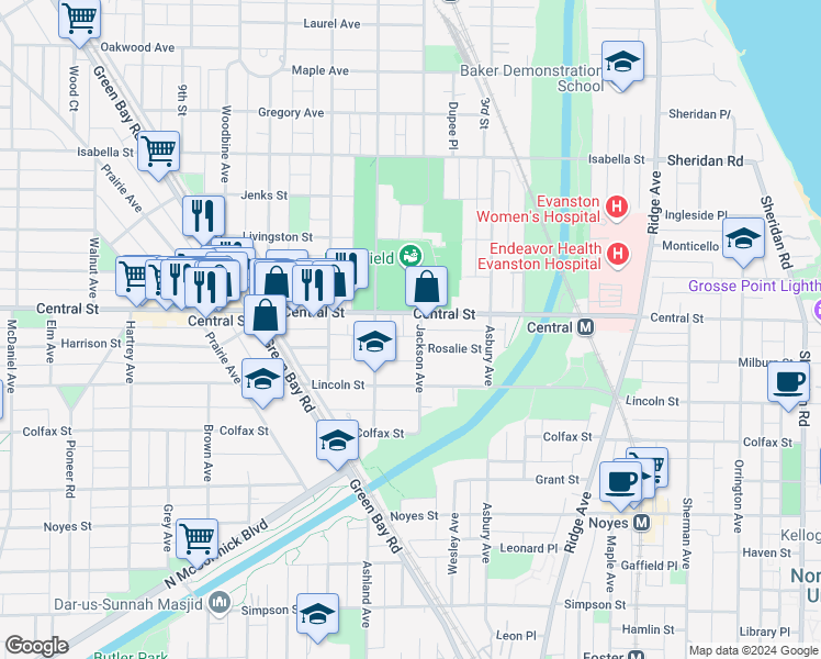 map of restaurants, bars, coffee shops, grocery stores, and more near 1518 Central Street in Evanston