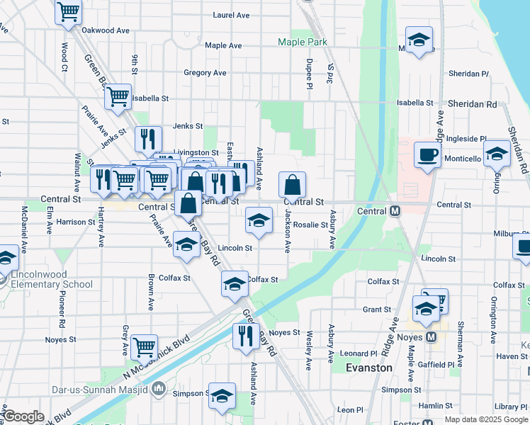 map of restaurants, bars, coffee shops, grocery stores, and more near 1518 Central Street in Evanston