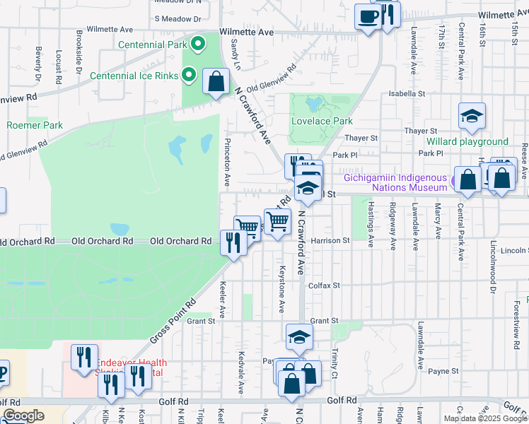 map of restaurants, bars, coffee shops, grocery stores, and more near 3434 Central Street in Evanston