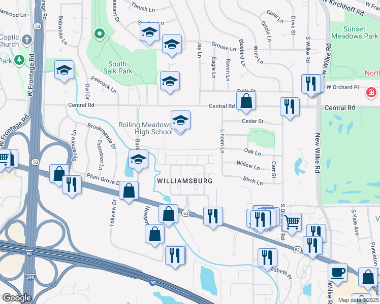 map of restaurants, bars, coffee shops, grocery stores, and more near 2901 Central Road in Rolling Meadows