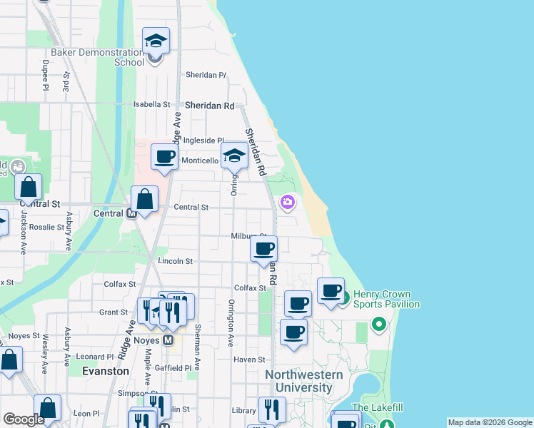 map of restaurants, bars, coffee shops, grocery stores, and more near 621 Central Street in Evanston