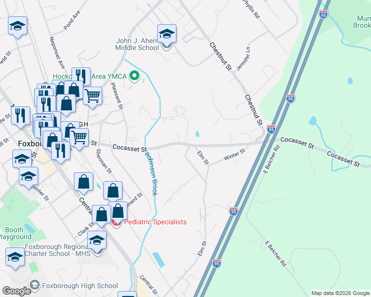 map of restaurants, bars, coffee shops, grocery stores, and more near 1 Ledgeville Avenue in Foxborough