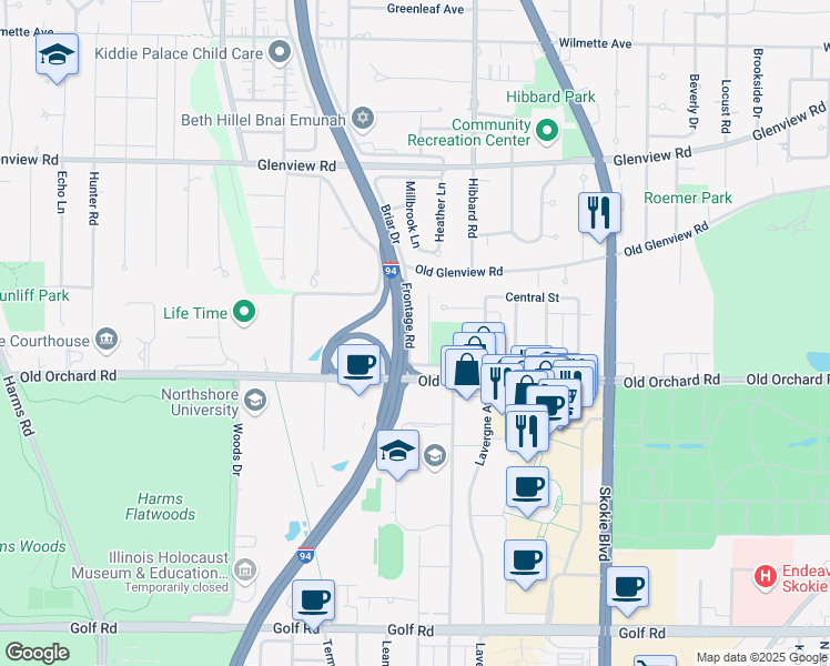 map of restaurants, bars, coffee shops, grocery stores, and more near 10065A Frontage Road in Skokie