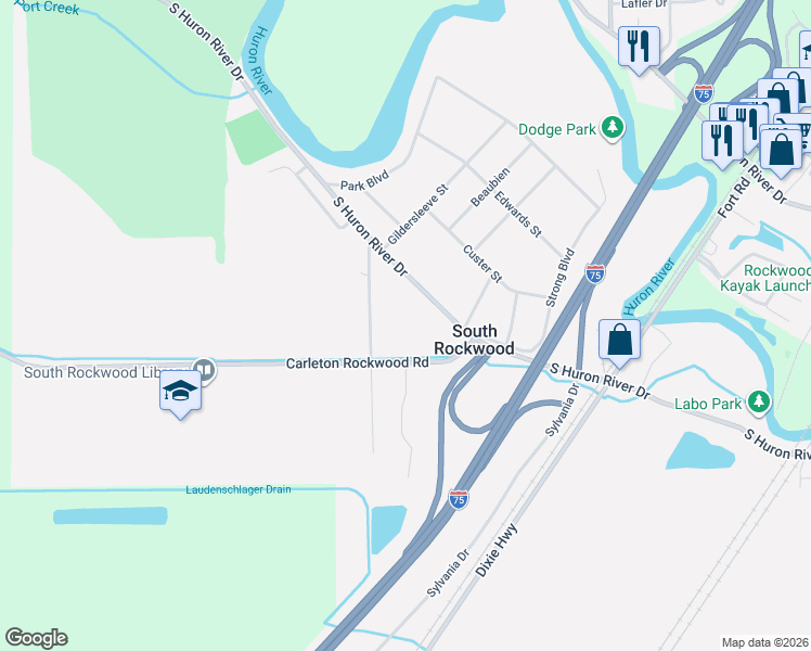 map of restaurants, bars, coffee shops, grocery stores, and more near 6114 South Huron River Drive in Charter Township of Berlin