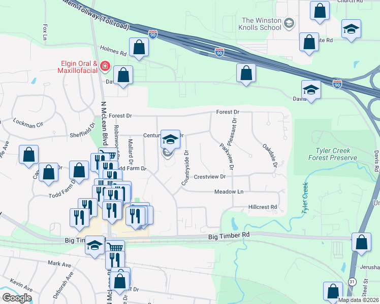 map of restaurants, bars, coffee shops, grocery stores, and more near 1229 Countryside Drive in Elgin