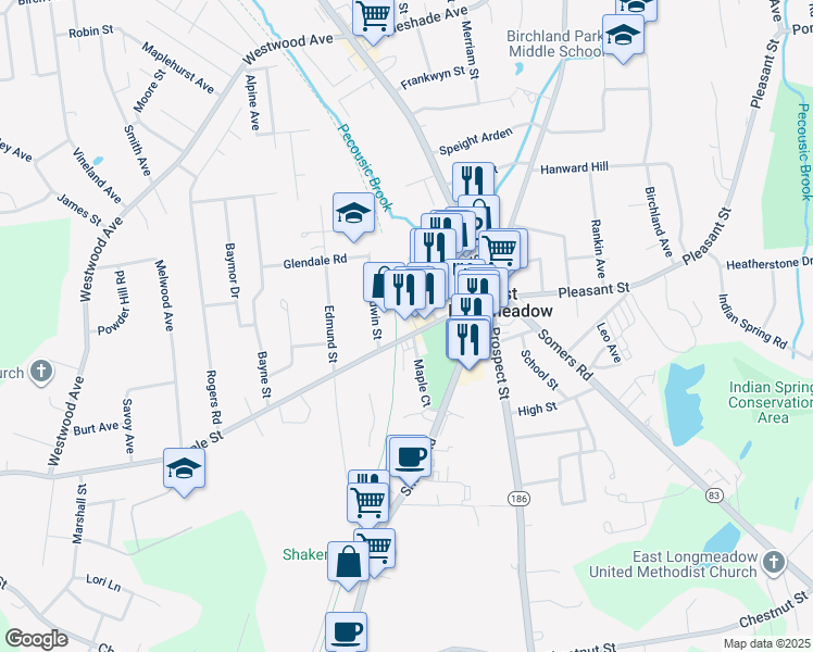 map of restaurants, bars, coffee shops, grocery stores, and more near 99 Legion Court in East Longmeadow
