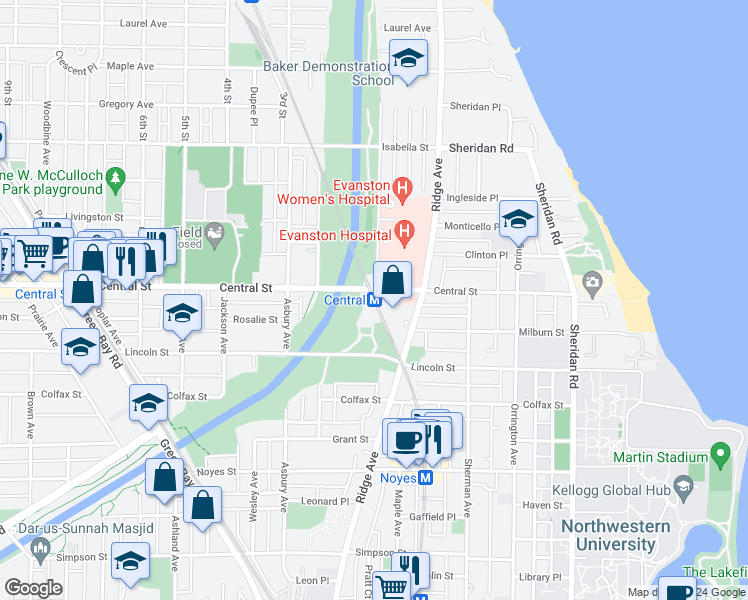 map of restaurants, bars, coffee shops, grocery stores, and more near 1022 Central Street in Evanston
