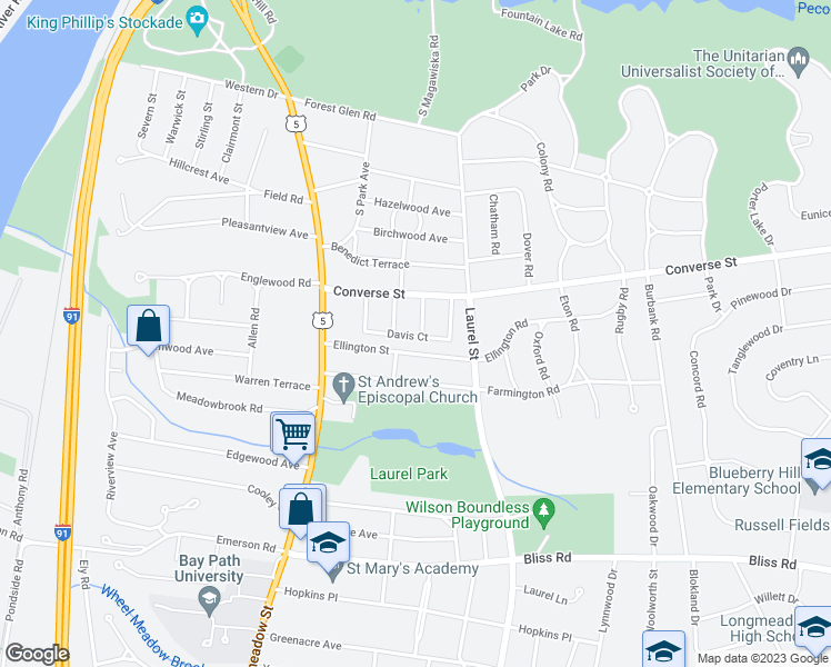 map of restaurants, bars, coffee shops, grocery stores, and more near 32 Homecrest Street in Longmeadow