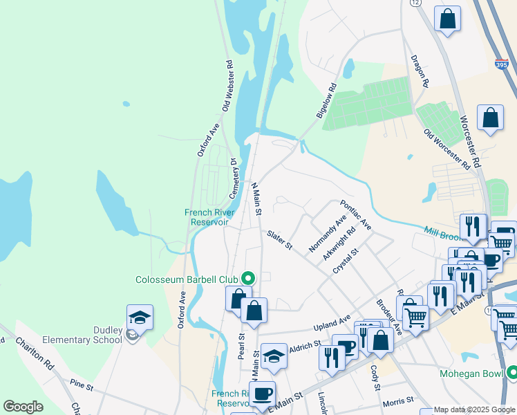 map of restaurants, bars, coffee shops, grocery stores, and more near 231 North Main Street in Webster