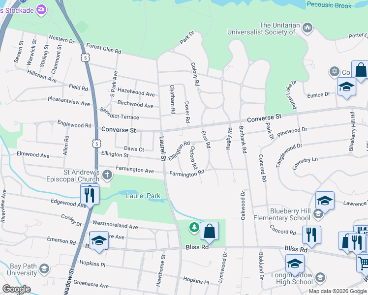 map of restaurants, bars, coffee shops, grocery stores, and more near 224 Ellington Road in Longmeadow