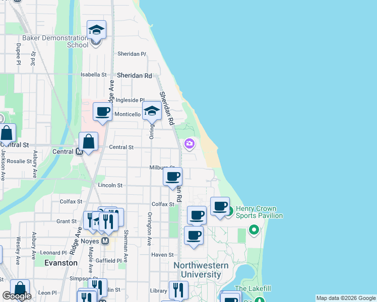map of restaurants, bars, coffee shops, grocery stores, and more near 2601 Sheridan Road in Evanston