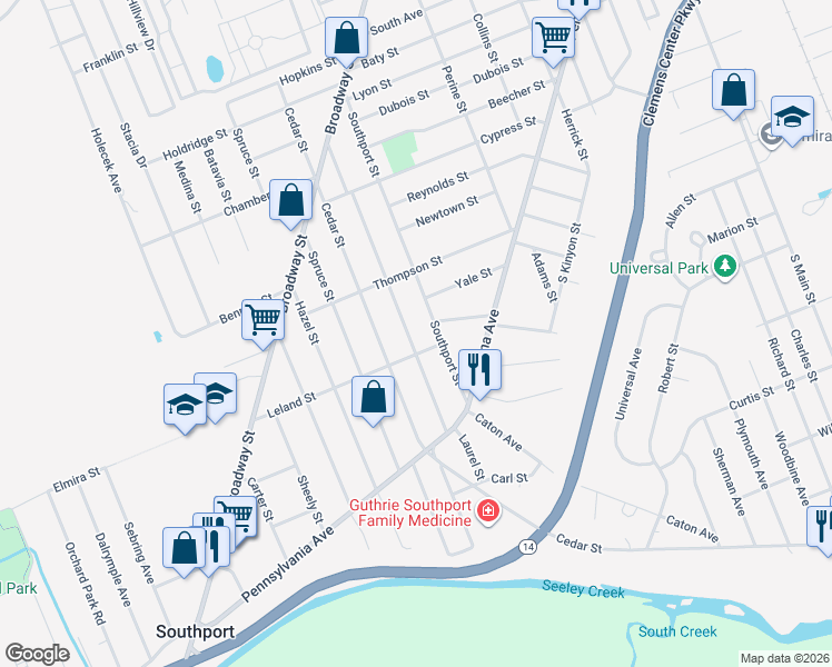 map of restaurants, bars, coffee shops, grocery stores, and more near 616 Fred Street in Elmira