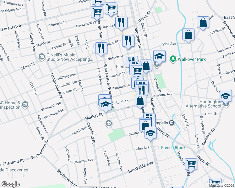 map of restaurants, bars, coffee shops, grocery stores, and more near 65 Tremont Street in Brockton