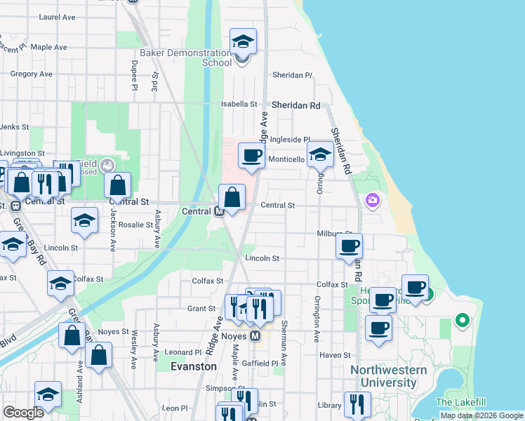 map of restaurants, bars, coffee shops, grocery stores, and more near 817 Central Street in Evanston