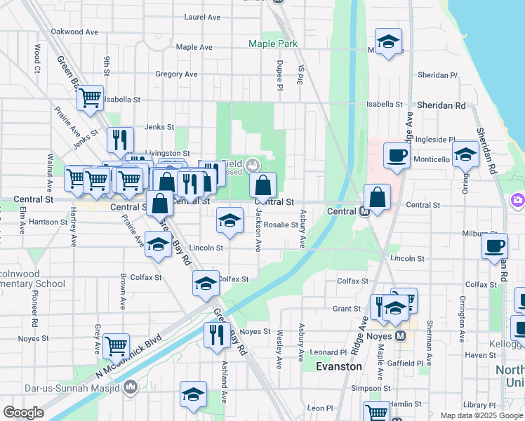 map of restaurants, bars, coffee shops, grocery stores, and more near 1410 Central Street in Evanston