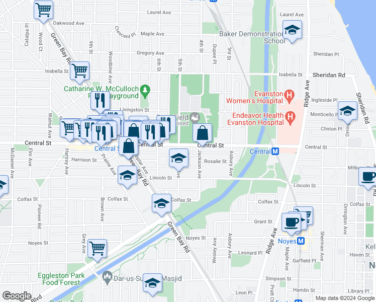 map of restaurants, bars, coffee shops, grocery stores, and more near 1518 Central Street in Evanston