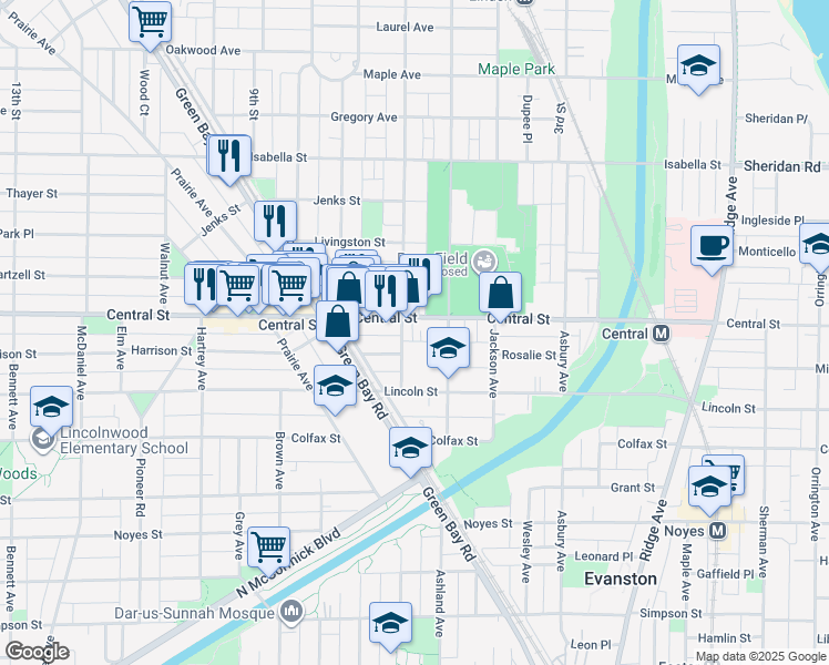 map of restaurants, bars, coffee shops, grocery stores, and more near 1613 Central Street in Evanston