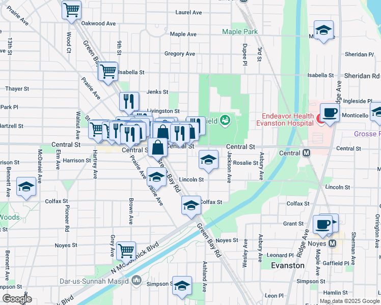 map of restaurants, bars, coffee shops, grocery stores, and more near 1707 Central Street in Evanston