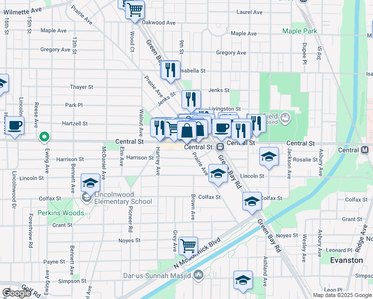 map of restaurants, bars, coffee shops, grocery stores, and more near 1937 Central Street in Evanston