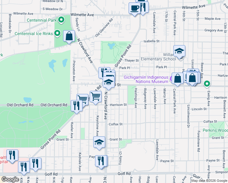 map of restaurants, bars, coffee shops, grocery stores, and more near 3306 Central Street in Evanston