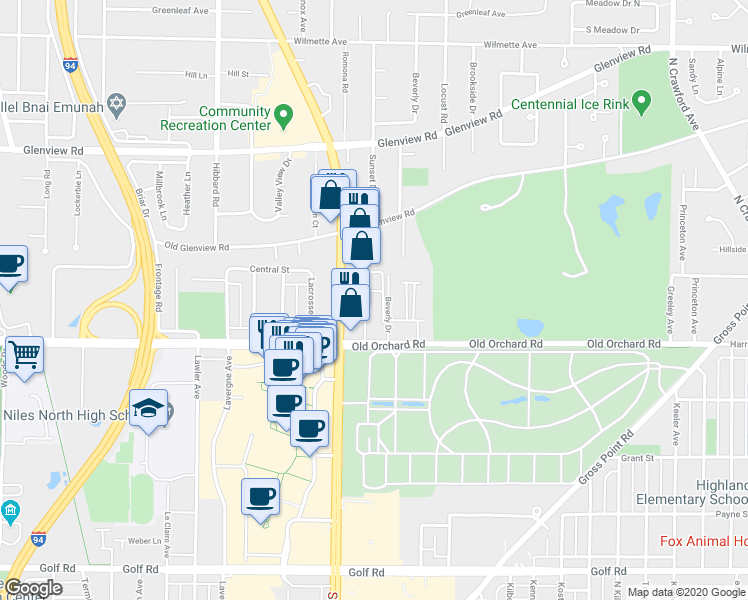 map of restaurants, bars, coffee shops, grocery stores, and more near 10071 Skokie Boulevard in Skokie