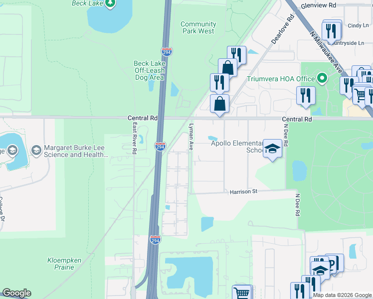 map of restaurants, bars, coffee shops, grocery stores, and more near 10102 Holly Lane in Des Plaines