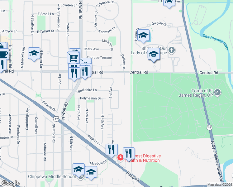 map of restaurants, bars, coffee shops, grocery stores, and more near 814 Berkshire Lane in Des Plaines