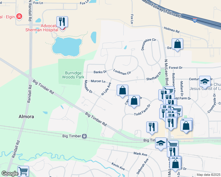 map of restaurants, bars, coffee shops, grocery stores, and more near 1905 Murcer Lane in Elgin