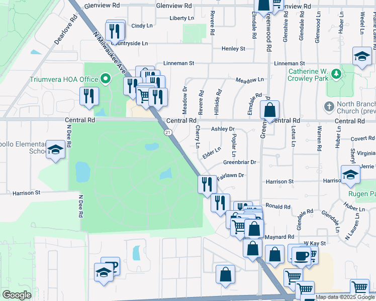 map of restaurants, bars, coffee shops, grocery stores, and more near 504 Cherry Circle in Glenview