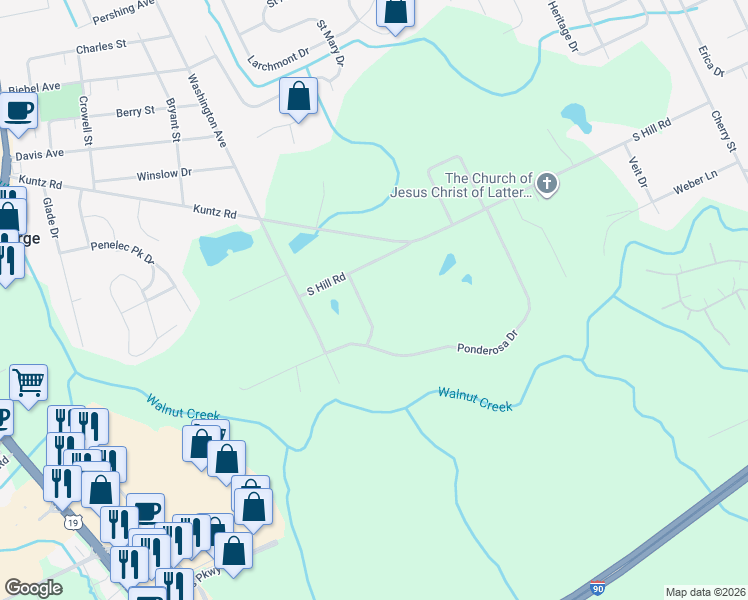 map of restaurants, bars, coffee shops, grocery stores, and more near 1381 South Hill Road in Erie