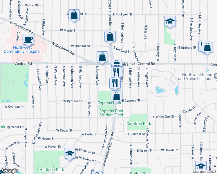 map of restaurants, bars, coffee shops, grocery stores, and more near 1047 South Evergreen Avenue in Arlington Heights