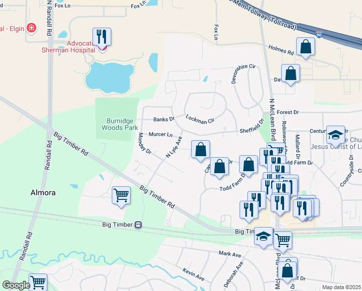 map of restaurants, bars, coffee shops, grocery stores, and more near 1905 Murcer Lane in Elgin