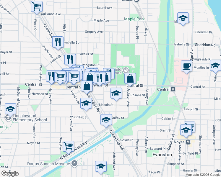 map of restaurants, bars, coffee shops, grocery stores, and more near 1620 Central Street in Evanston
