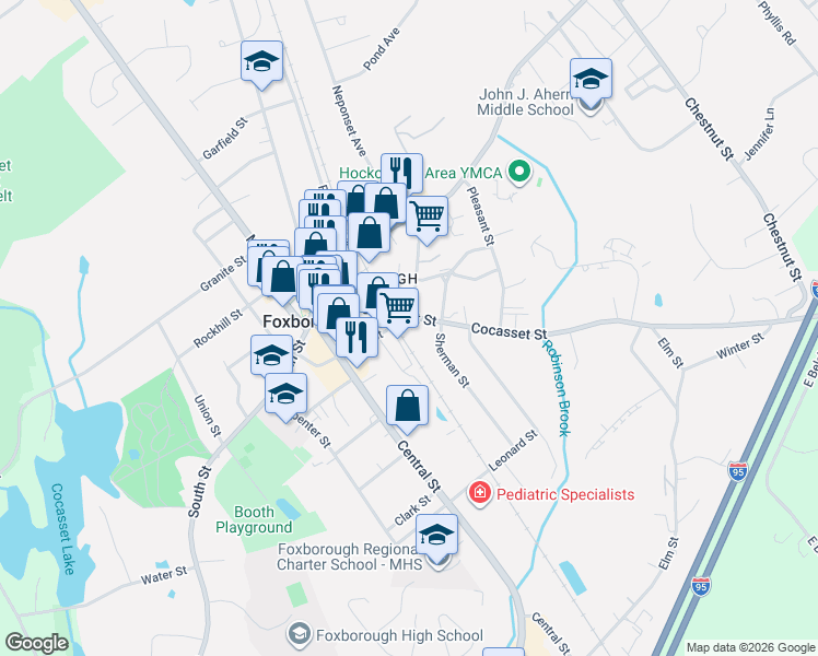 map of restaurants, bars, coffee shops, grocery stores, and more near 31 Cocasset Street in Foxborough
