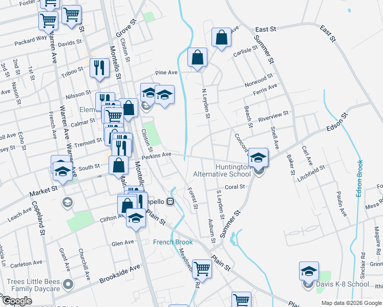 map of restaurants, bars, coffee shops, grocery stores, and more near 100 Perkins Avenue in Brockton
