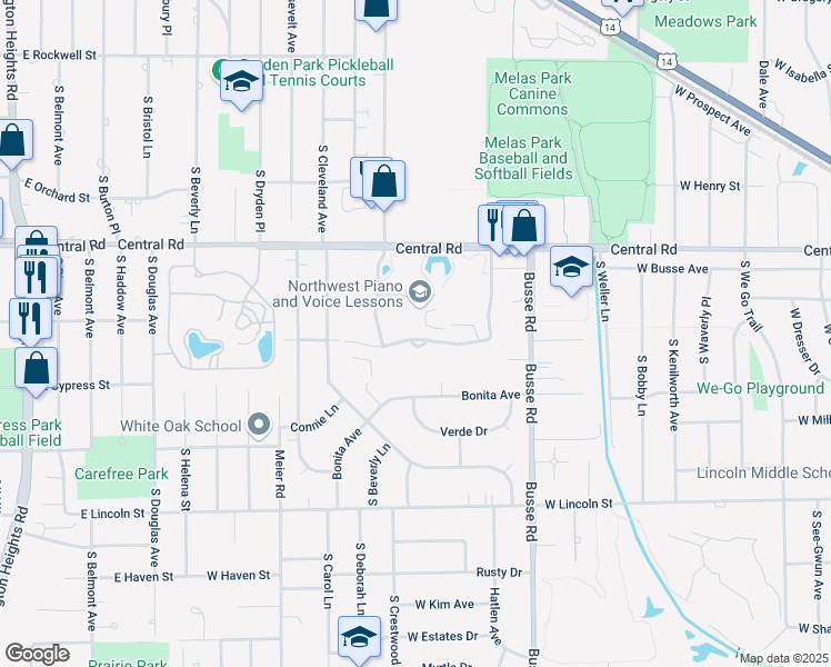 map of restaurants, bars, coffee shops, grocery stores, and more near 1505 East Central Road in Arlington Heights