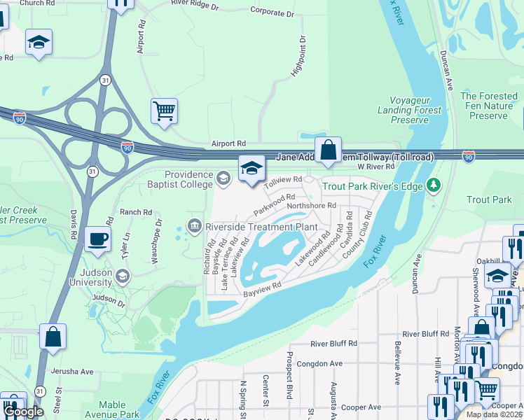 map of restaurants, bars, coffee shops, grocery stores, and more near 248 Parkwood Road in Elgin
