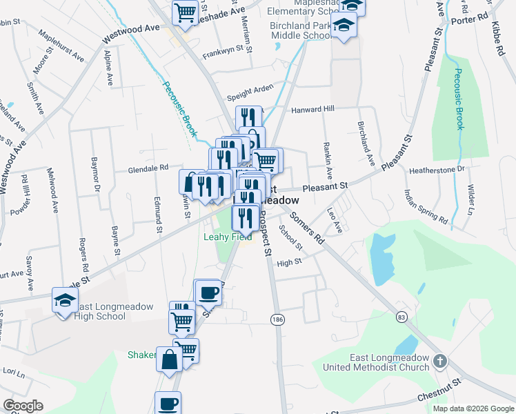 map of restaurants, bars, coffee shops, grocery stores, and more near 33 Prospect Street in East Longmeadow