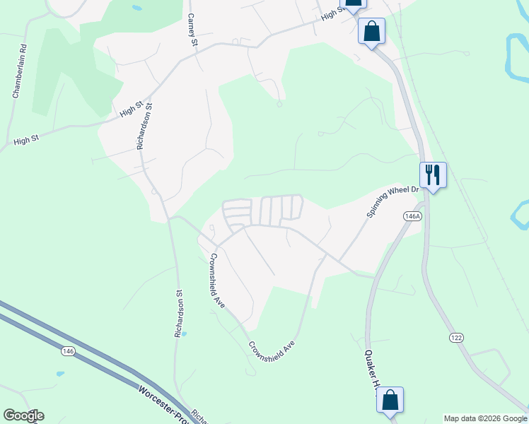 map of restaurants, bars, coffee shops, grocery stores, and more near 15 Highness Drive in Uxbridge