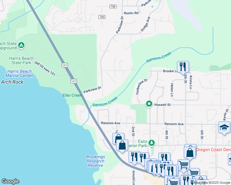 map of restaurants, bars, coffee shops, grocery stores, and more near 1364 Hampton Road in Brookings