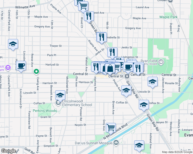 map of restaurants, bars, coffee shops, grocery stores, and more near 2135 Central Street in Evanston