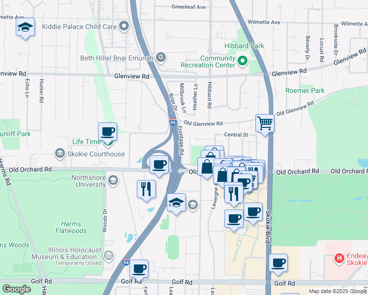 map of restaurants, bars, coffee shops, grocery stores, and more near 10065A Frontage Road in Skokie