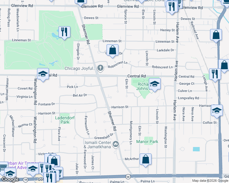 map of restaurants, bars, coffee shops, grocery stores, and more near 2225 Covert Road in Glenview