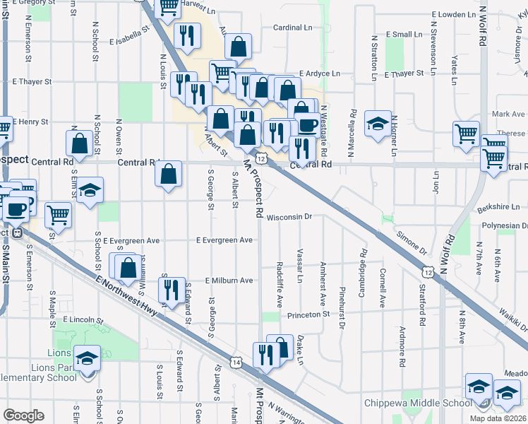 map of restaurants, bars, coffee shops, grocery stores, and more near 611 South Mount Prospect Road in Des Plaines