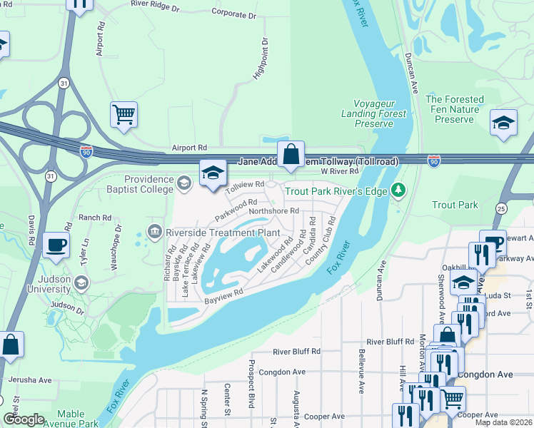 map of restaurants, bars, coffee shops, grocery stores, and more near 161 Recreation Road in Elgin
