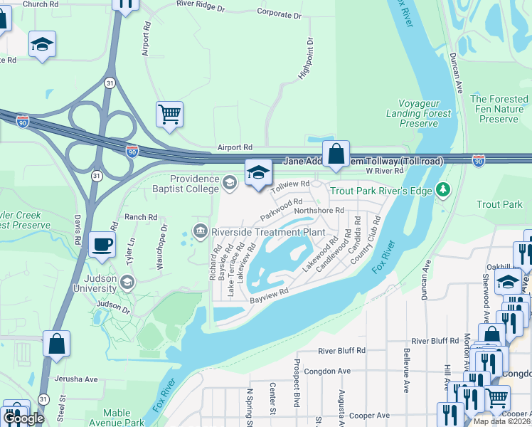 map of restaurants, bars, coffee shops, grocery stores, and more near 248 Parkwood Road in Elgin